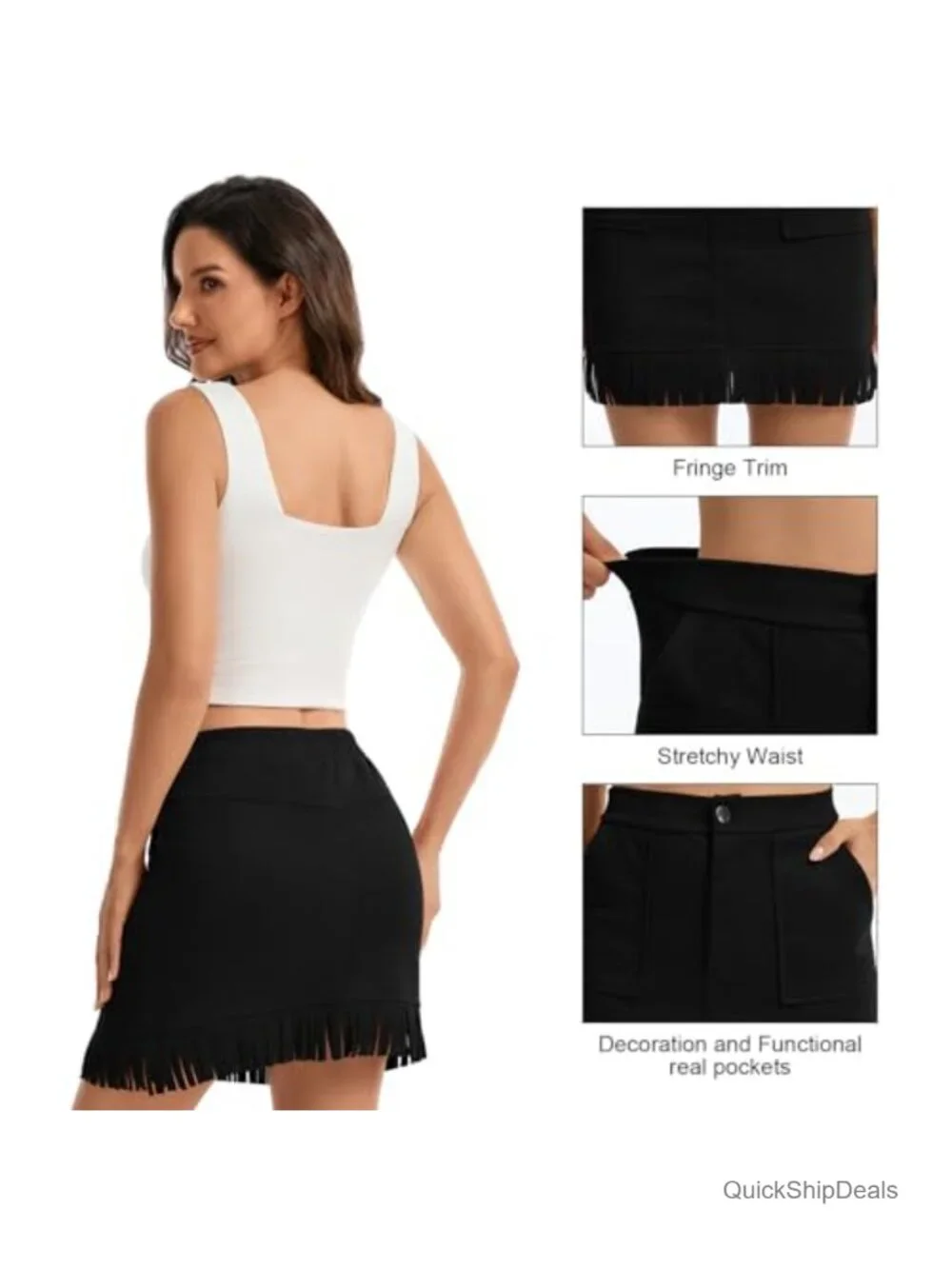 Faux Suede Fringe Mini Skirt High Waisted Tassel Pencil Skirt with Pockets